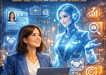 Person at a desk with laptop displaying 'AI Career Agent,' surrounded by icons of resumes, graphs, and gears.