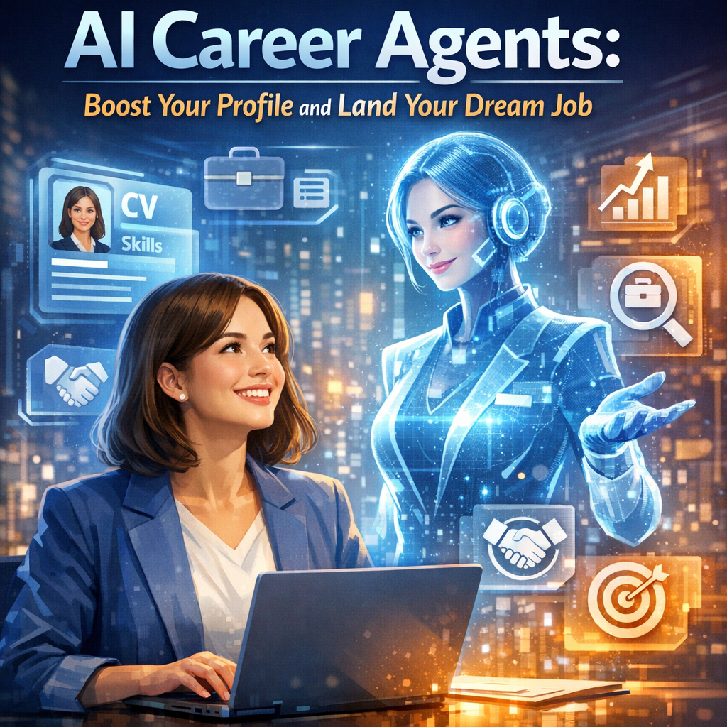 Person at a desk with laptop displaying 'AI Career Agent,' surrounded by icons of resumes, graphs, and gears.