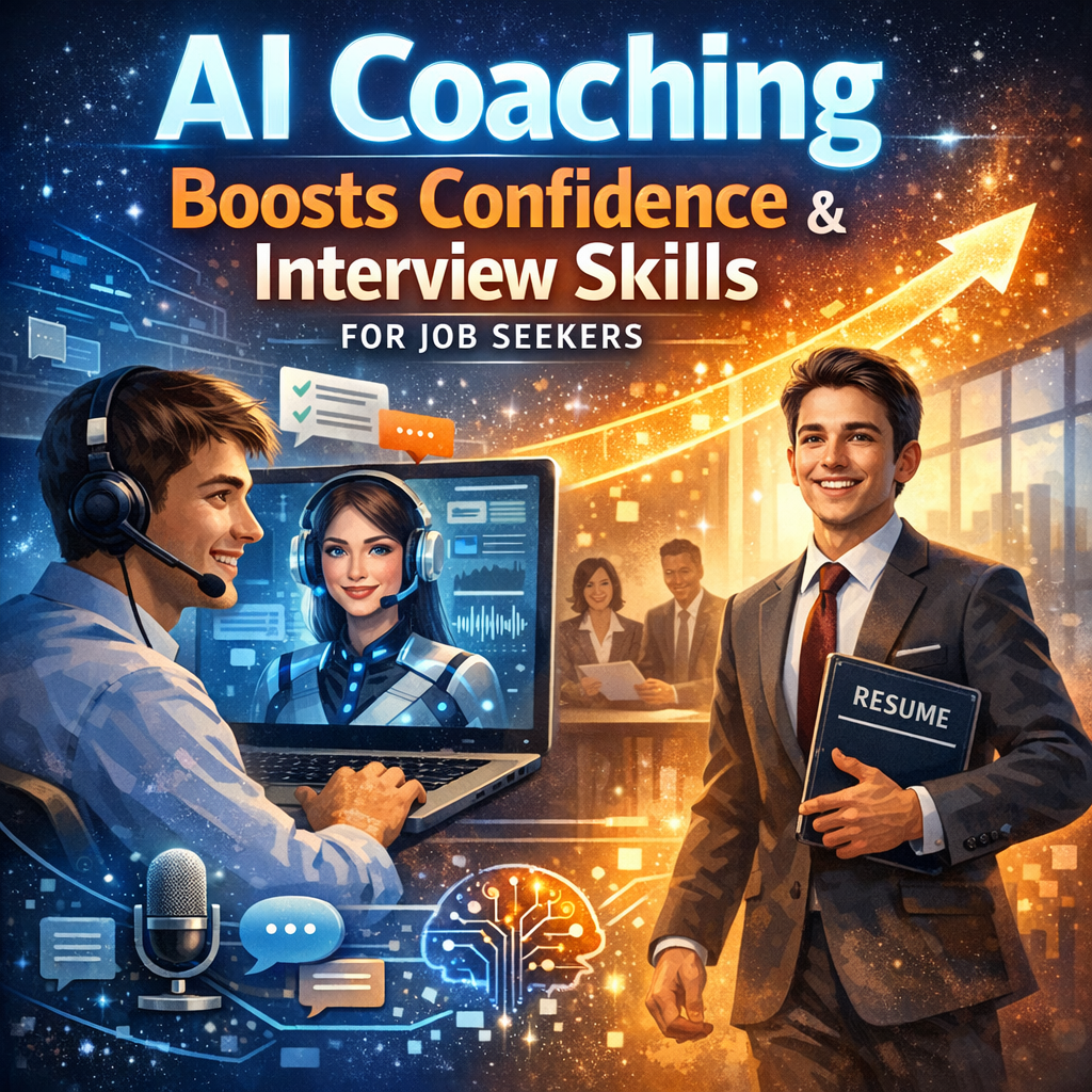 Person practicing interview skills with an AI on a computer screen, looking confident.