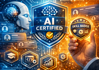 Futuristic robot holding an AI-certified skill badge, with a digital technology background.