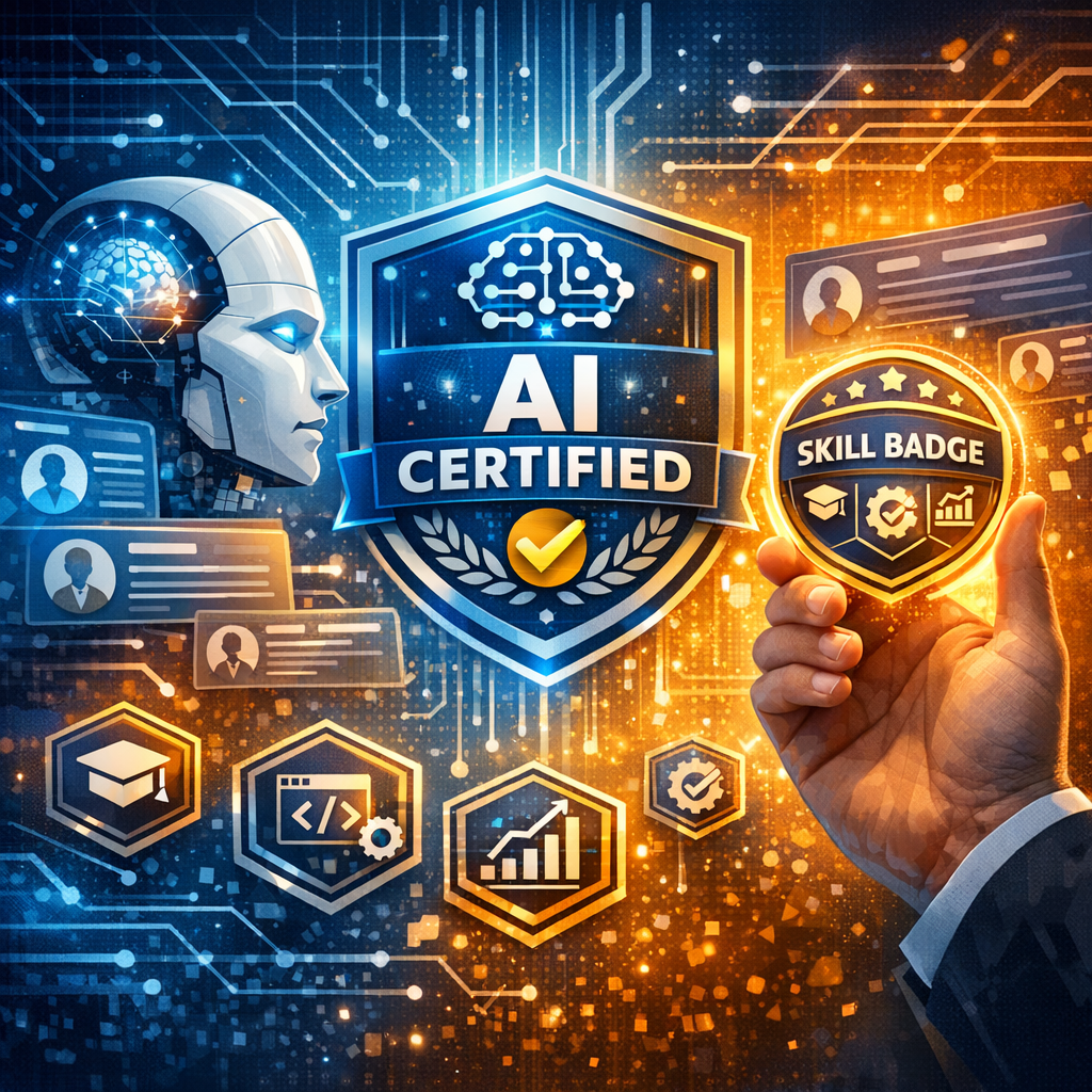 Futuristic robot holding an AI-certified skill badge, with a digital technology background.