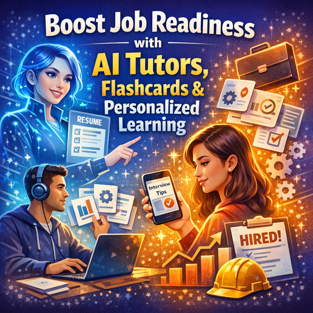 A person studying at a computer with AI tutor on screen, flashcards scattered on the desk.