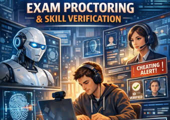 Illustration of a computer screen displaying an AI-powered exam proctoring interface monitoring a student.