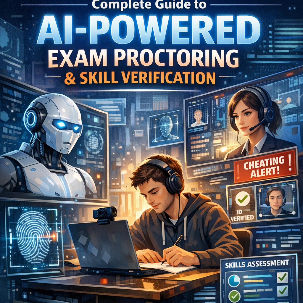 Illustration of a computer screen displaying an AI-powered exam proctoring interface monitoring a student.