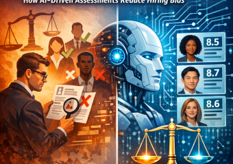 Illustration of AI technology evaluating diverse job candidates to ensure fair hiring practices.