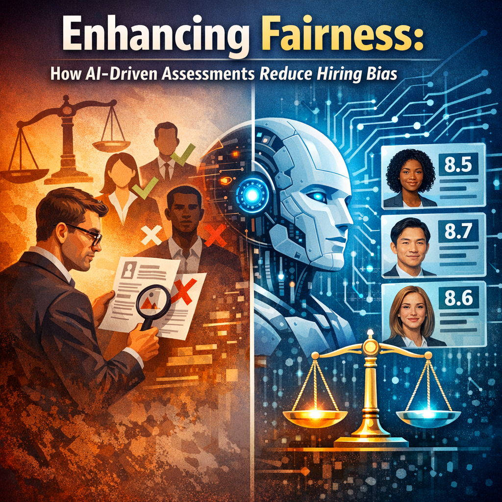 Illustration of AI technology evaluating diverse job candidates to ensure fair hiring practices.