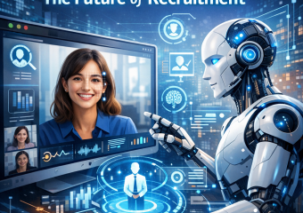 AI-powered video interview setup showing a candidate and interviewer on screen with analytic graphs.