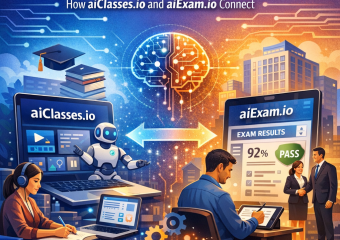 Illustration of aiClasses.io and aiExam.io platforms connecting learning to employment.