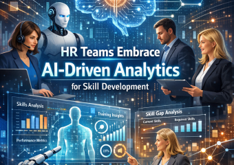 HR teams analyze data on computers using AI-driven analytics for skill development.