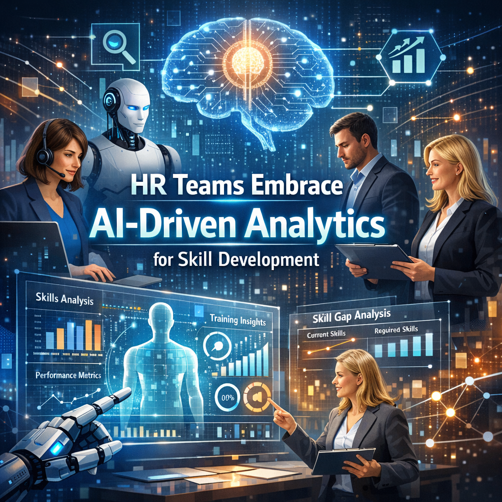 HR teams analyze data on computers using AI-driven analytics for skill development.