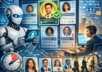 "AI and robotic tech integrated with human recruitment team screening candidates, simplifying hiring process."