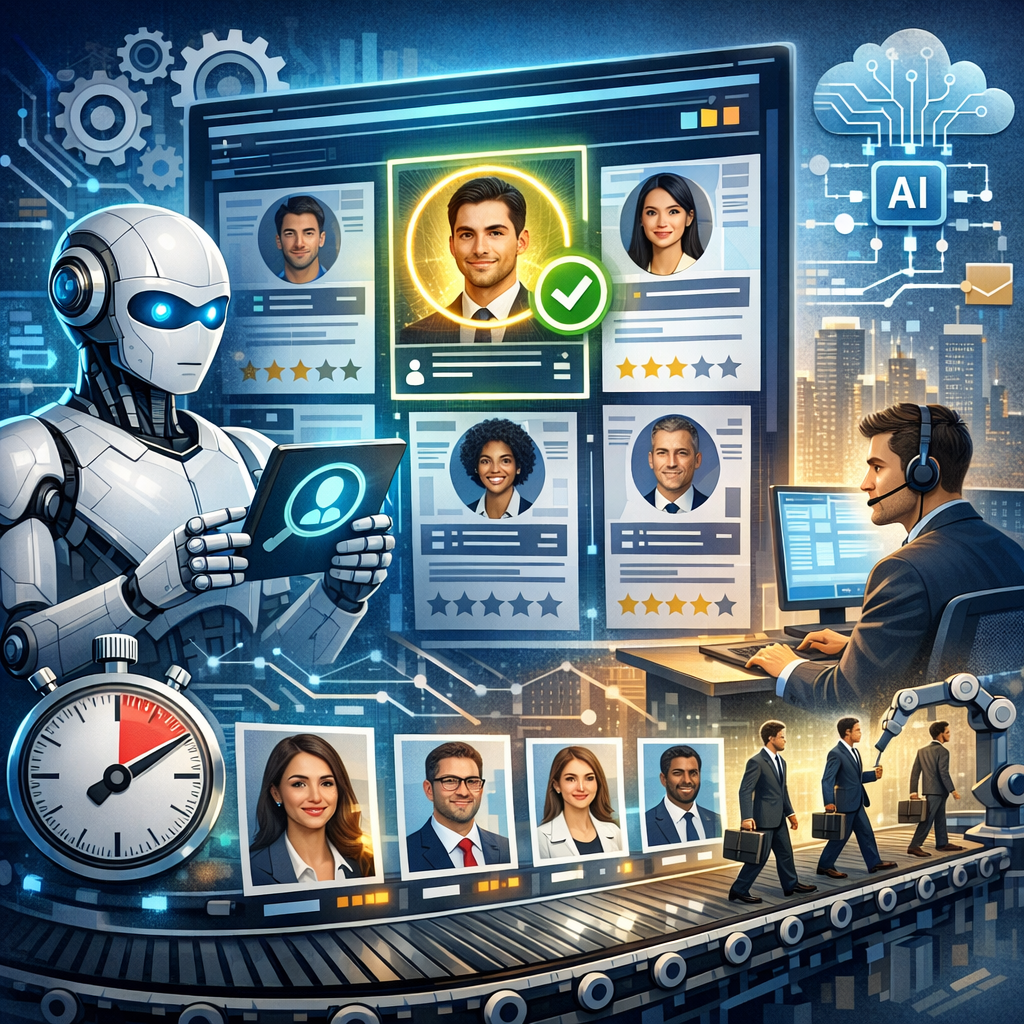 "AI and robotic tech integrated with human recruitment team screening candidates, simplifying hiring process."