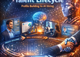 Illustration of a talent lifecycle from profile building to AI hiring showing AI and human interaction.