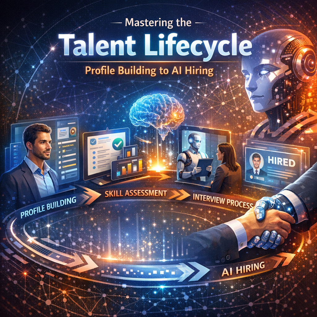 Illustration of a talent lifecycle from profile building to AI hiring showing AI and human interaction.