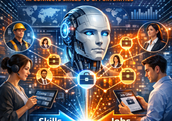 "AI application screen displaying real-time job matching, connecting skills to relevant opportunities."