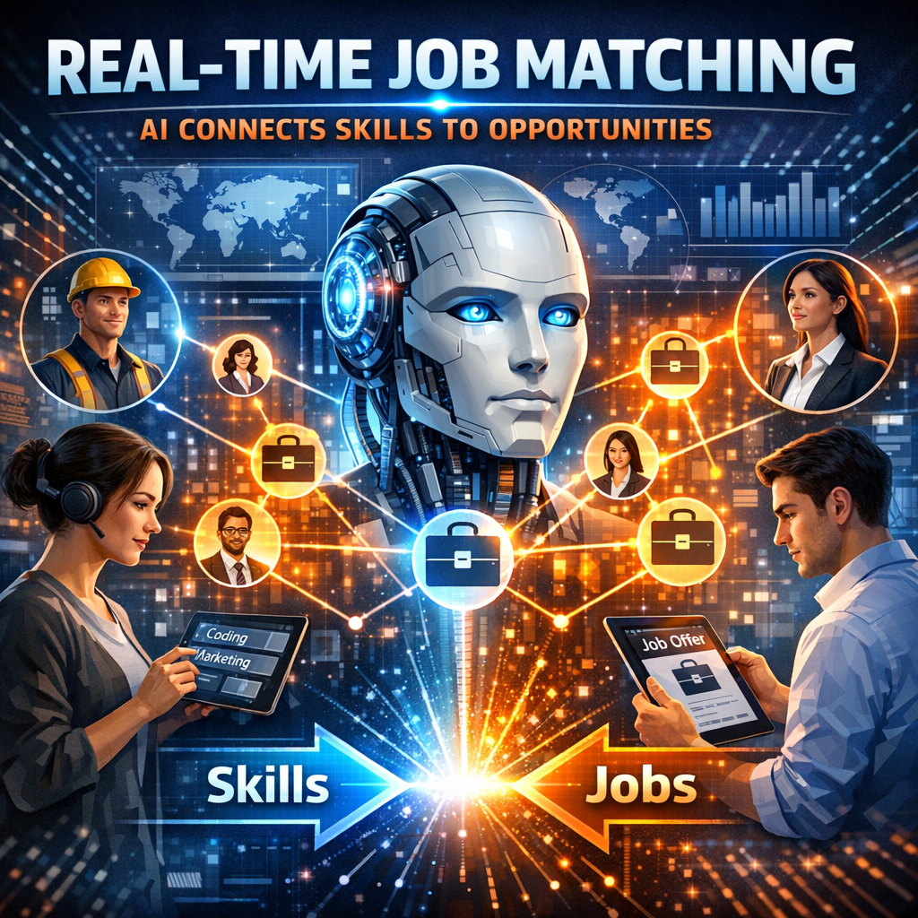 "AI application screen displaying real-time job matching, connecting skills to relevant opportunities."