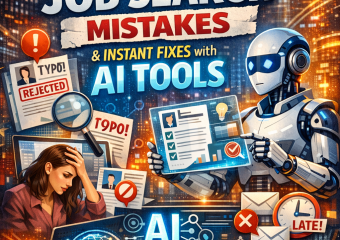 Illustration of a robot assisting a job seeker with a resume, highlighting AI job search tools.