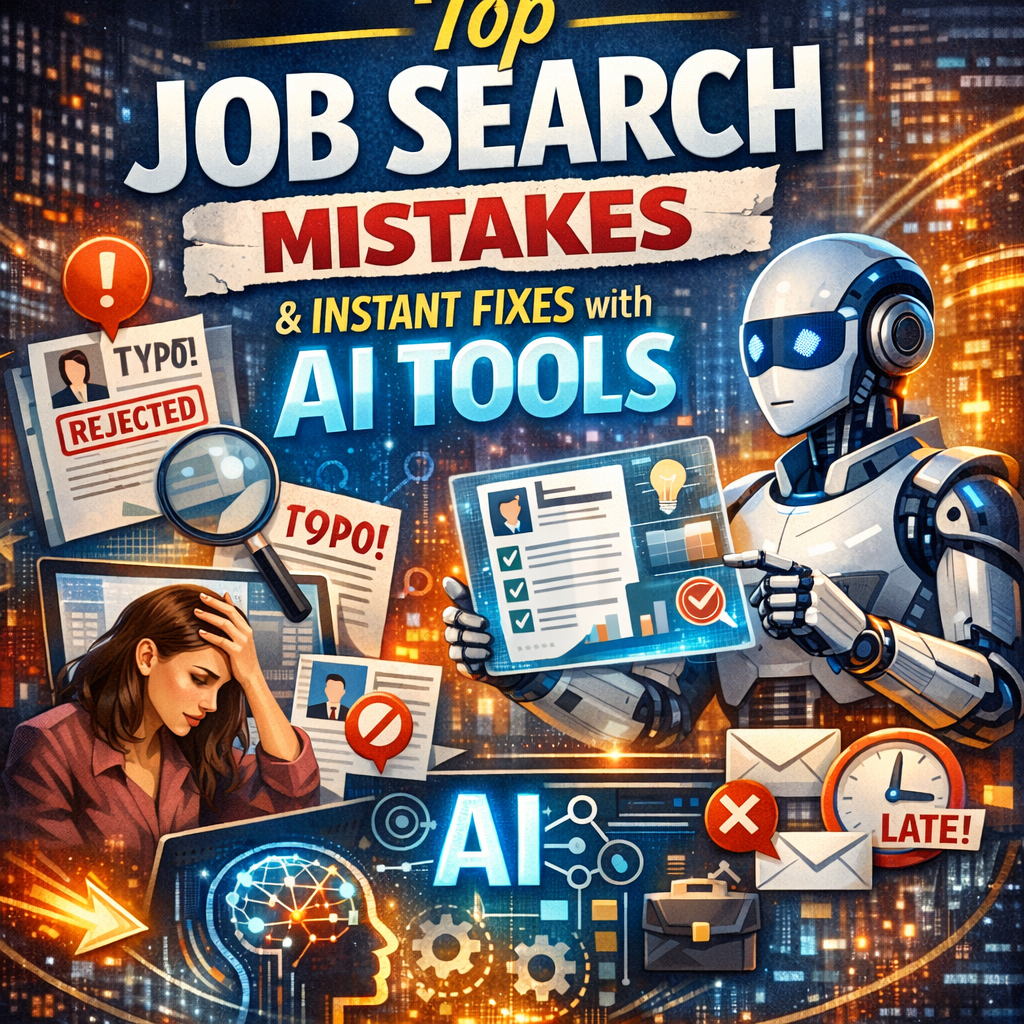 Illustration of a robot assisting a job seeker with a resume, highlighting AI job search tools.