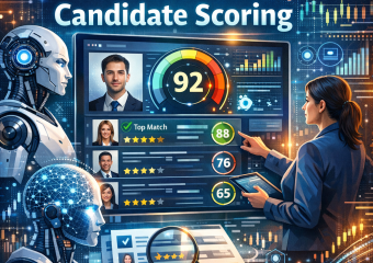 Cover of a guidebook showing graphs and AI icons, titled "Ultimate Recruiter’s Guide to AI-Generated Candidate Scoring".