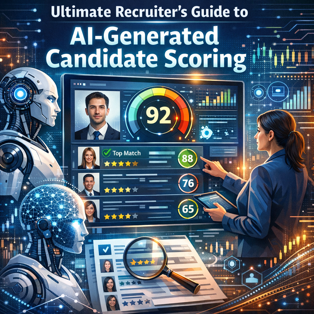 Cover of a guidebook showing graphs and AI icons, titled "Ultimate Recruiter’s Guide to AI-Generated Candidate Scoring".