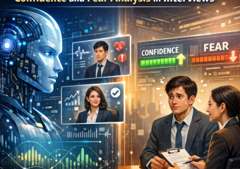 "Diagram showing AI analysis of candidate emotions during a job interview."