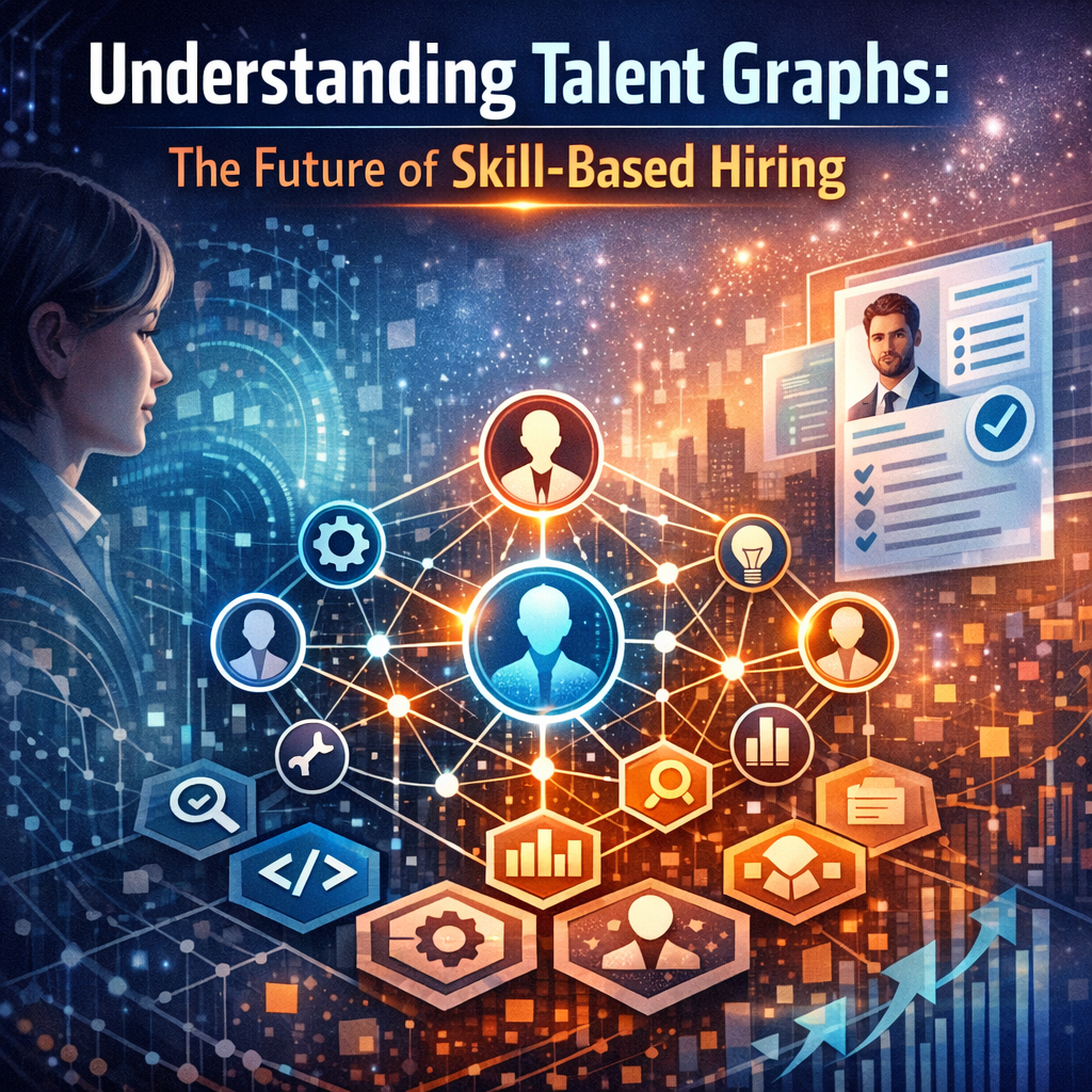 Illustration of a talent graph linking multiple candidate profiles and job skills in a network diagram.