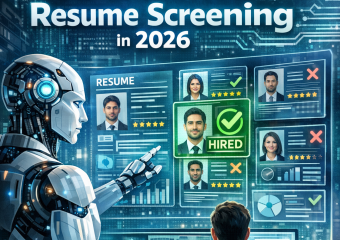 A computer screen displays AI-enhanced resume screening software in action, analyzing job applications.