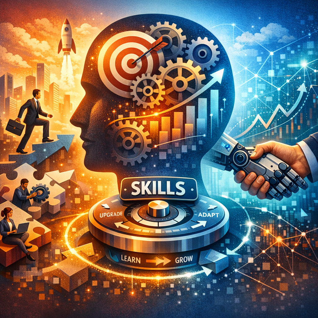 Digital illustration of a person learning new skills through technology to adapt and grow in a fast-changing job market.