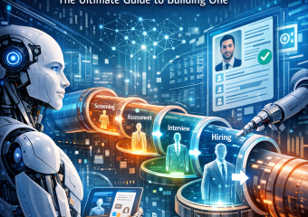 Infographic showing a robotic recruiter guiding candidates through screening, assessment, interviews, and hiring.