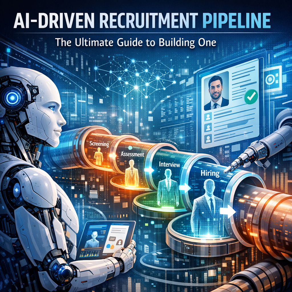 Infographic showing a robotic recruiter guiding candidates through screening, assessment, interviews, and hiring.