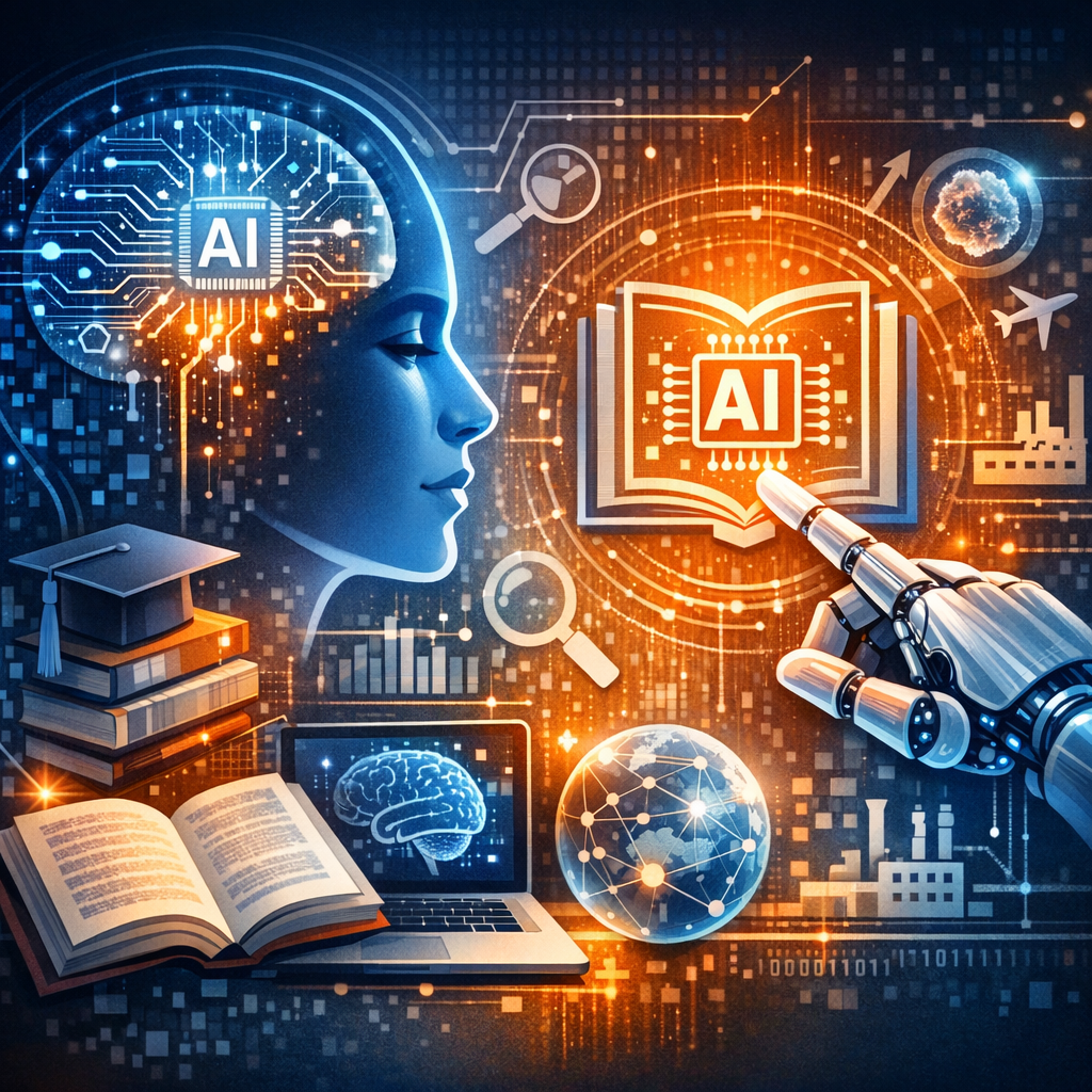 AI literacy concept with a glowing digital brain, robotic hand, (Incomplete: max_output_tokens)