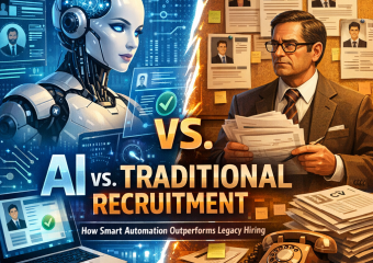 A robot recruiter and human hiring manager compare AI automation with traditional hiring.
