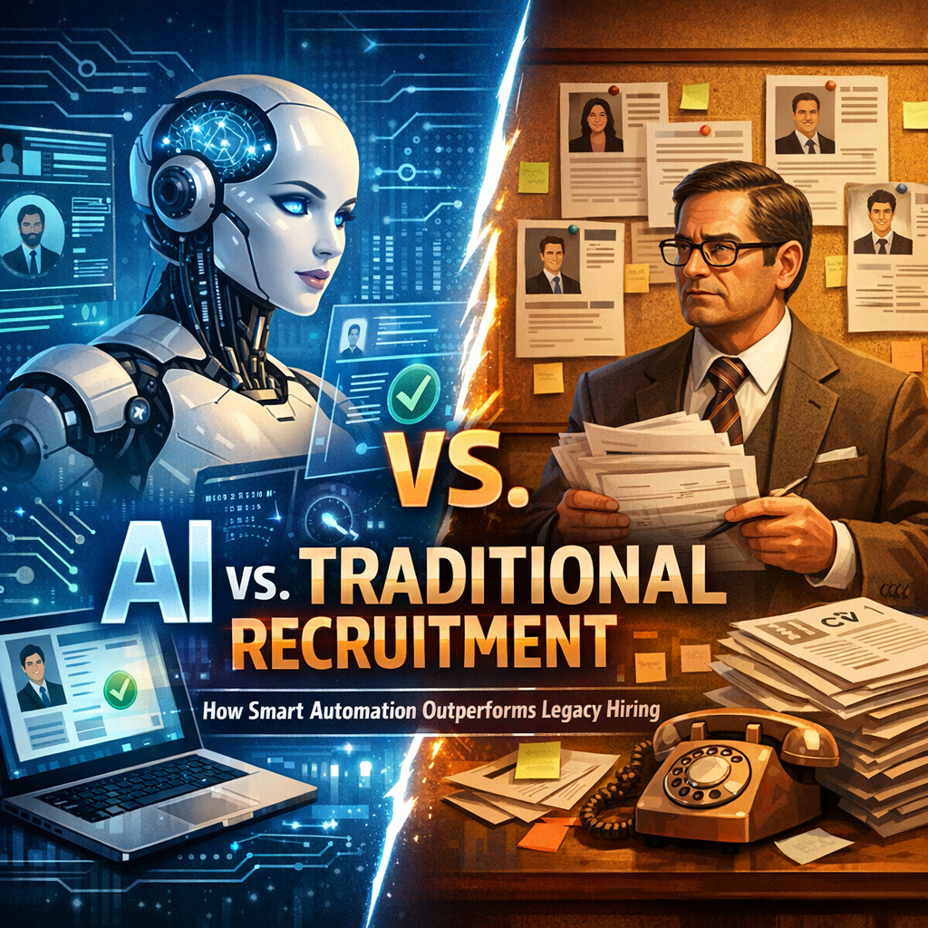 A robot recruiter and human hiring manager compare AI automation with traditional hiring.