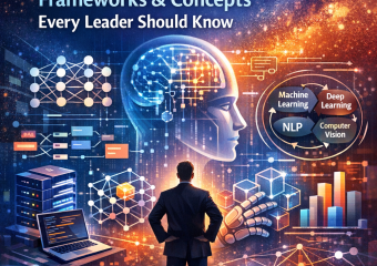 Business leader faces a glowing digital brain surrounded by AI framework diagrams, neural networks, charts, and technology ic