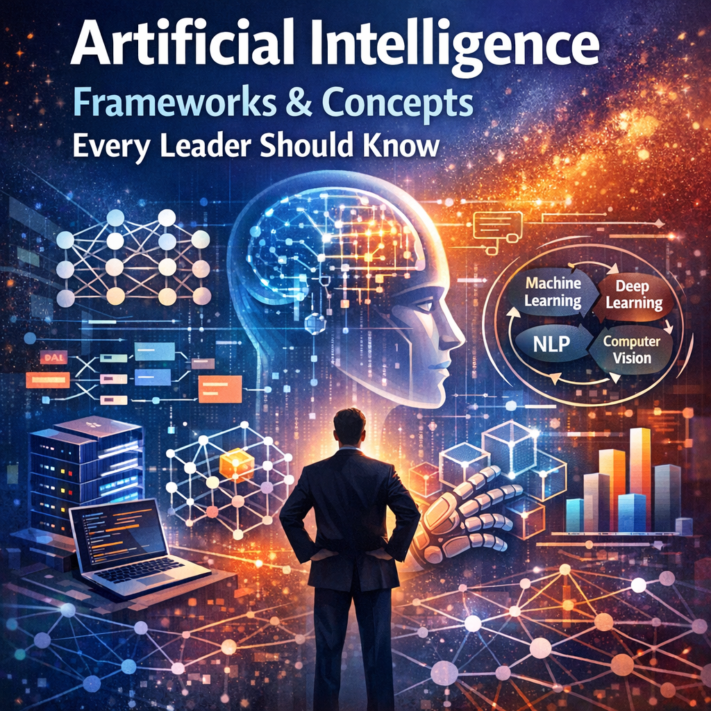 Business leader faces a glowing digital brain surrounded by AI framework diagrams, neural networks, charts, and technology ic