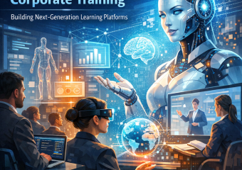 A humanoid AI instructor guides employees through an immersive corporate training experience.