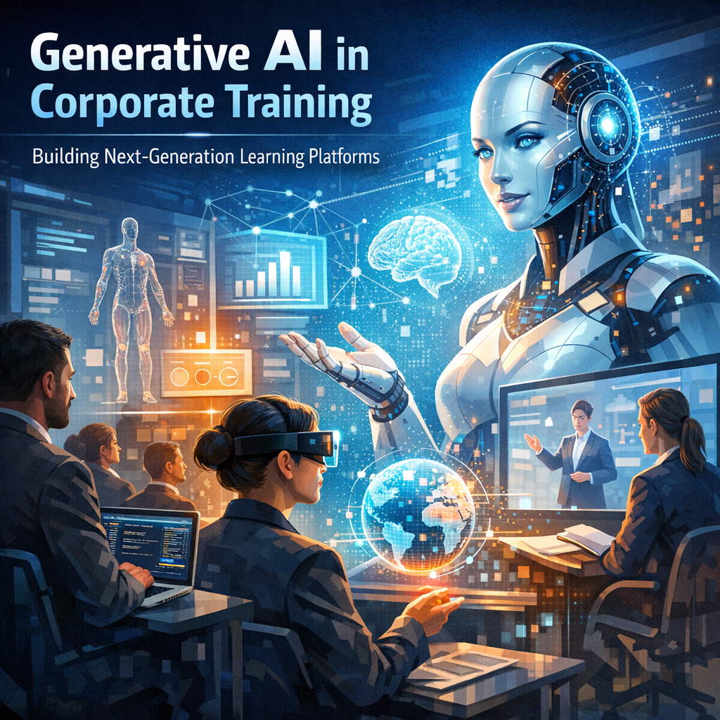 A humanoid AI instructor guides employees through an immersive corporate training experience.