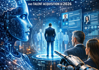 Recruiter uses an AI-powered dashboard to screen executive candidates, illustrating human-AI collaboration in talent acquisit