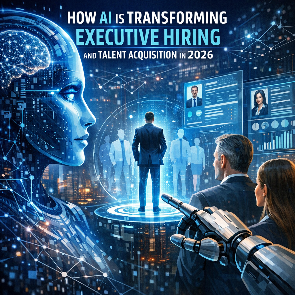 Recruiter uses an AI-powered dashboard to screen executive candidates, illustrating human-AI collaboration in talent acquisit